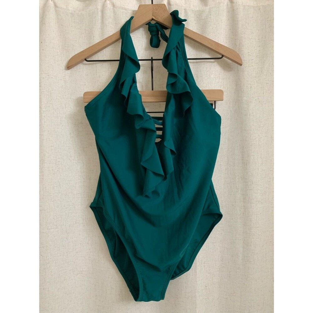 Bleu Rod Beattie Let Loose Teal Ruffle Halter Plunge Neck One Piece Swimsuit 12